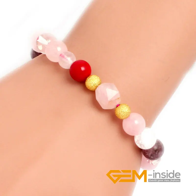 Браслет из турмалина розового кварца и белого кварта натурального камня