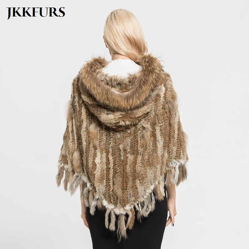 JKKFURS пончо из натурального кроличьего меха женский воротник енота накидки с