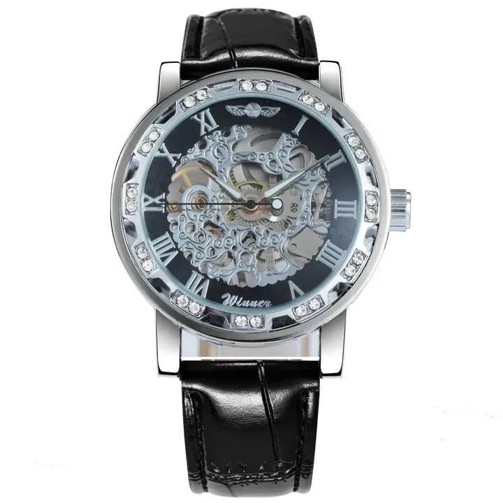 BLACK SILVER Модные часы со скелетом, бриллиантовые часы для женщин, дизайн Iced Out, ремешок из натуральной кожи, элегантные роскошные механические Женские часы - Цвет: BLACK SILVER