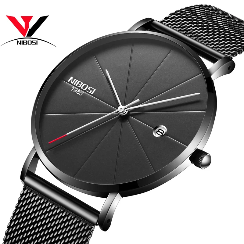 BLACK SILVER HAND M Relogios NIBOSI Masculino тонкие часы для мужчин люксовый бренд сетчатый ремешок водонепроницаемые золотые часы унисекс для женщин/мужчин - Цвет: BLACK SILVER HAND M