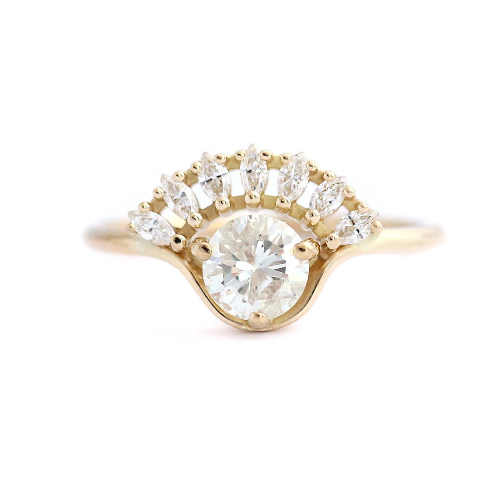 Marquise and Round Moissanite 1ctw lab Diamond Solitaire Обручальное кольцо для свадьбы Твердое 14K желтое