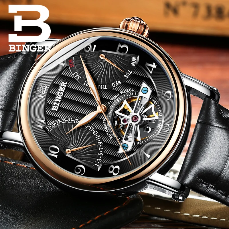 Модные часы Tourbillon для мужчин лучший бренд Binger механические часы для мужчин сапфировый Календарь Неделя светящиеся Genuive кожаный ремешок часы