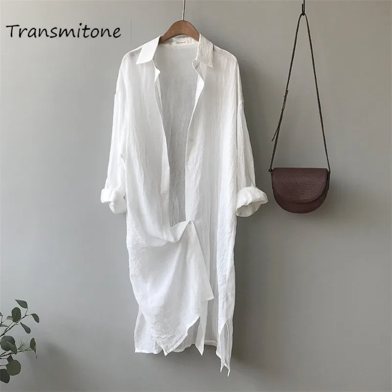 Хлопковая и льняная Женская Солнцезащитная белая длинная блузка 2019 Осенняя