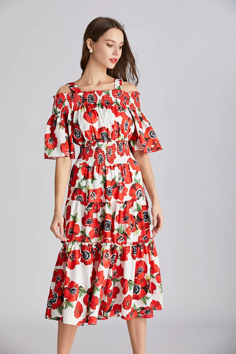 

France Paris Fashion Show Beautiful Flowers Digital Printed Long Dress 2019 Fairy Girls Elegant Temperament Floral Dress