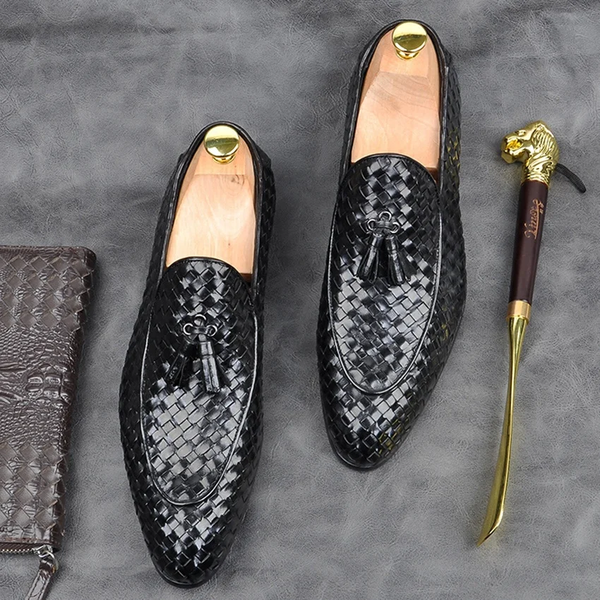 

Summer Genuine Leather Formal Dress Men's Breathable Moccasin Shoes Pointed Toe Slip on Comfortable Casual Weaved Loafers AM186