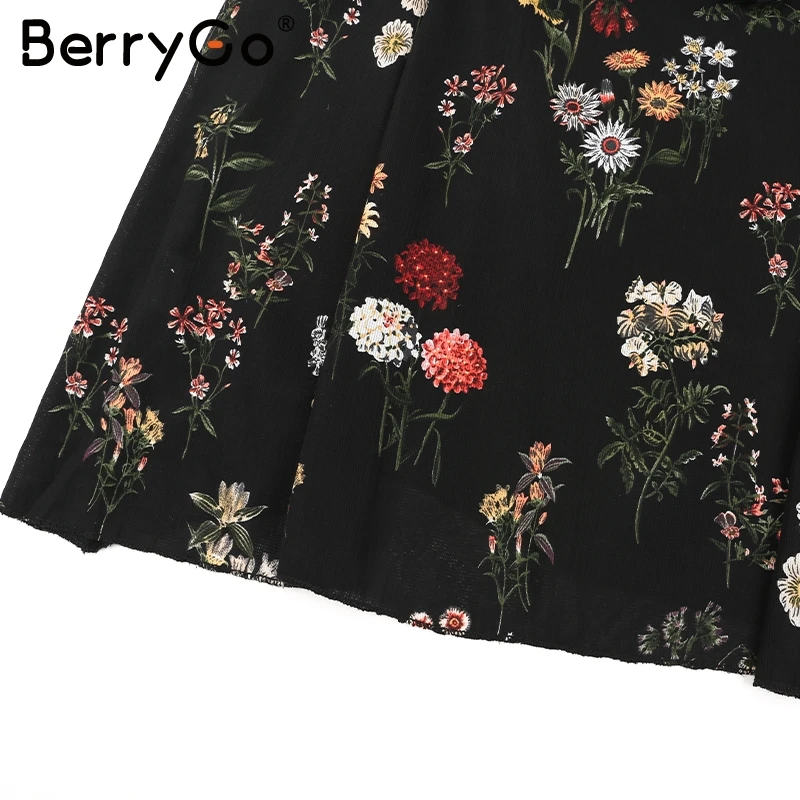 BerryGo, сексуальное летнее платье на бретелях с цветочным принтом, черное платье миди с открытой спиной и рюшами, женское летнее пляжное Повседневное платье vestidos