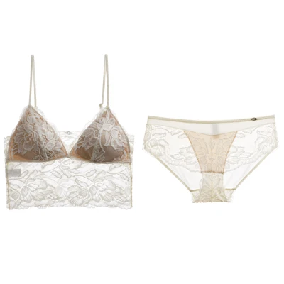 Бежевый 3 colors wireless floral lace comfortable sleepwear women sexy underwear set deep-v pull-over ultrathin lash bra and panty sets - Цвет: Бежевый