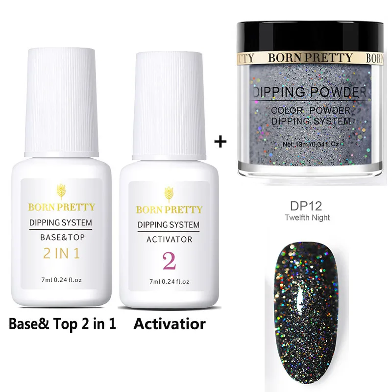 Holographic Set 12 BORN PRETTY погружение ногтей порошок Набор база и Топ 2 в 1 гель голографический натуральный сухой активатор градиент французский без лампы лечения - Цвет: Holographic Set 12