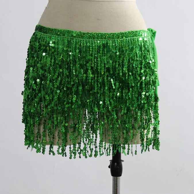 green Сексуальная Женская юбка для танца живота, расшитая блестками, с бахромой, на бедрах, с поясом, Boho, Мини юбка на талии, Bamba Ibiza, праздничная шифоновая юбка с запахом - Цвет: green