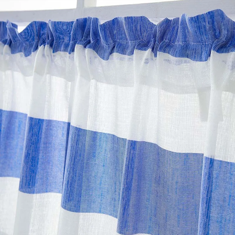 Тюлевые шторы в синюю полоску для кухни Короткие Занавески гостиной серая вуаль