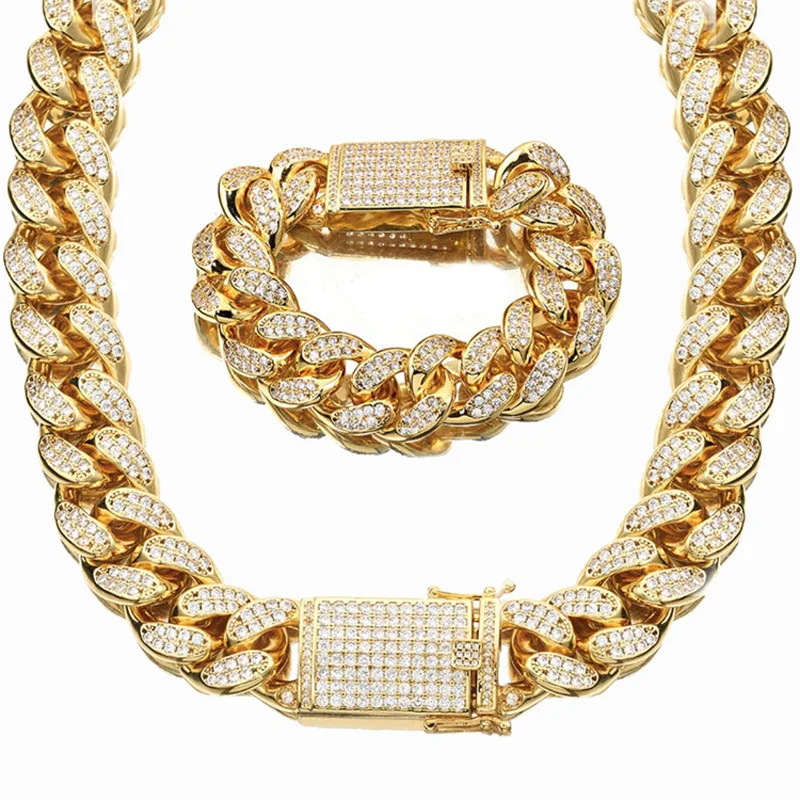 

19MM Men Cuban Miami Link Chain Necklace Bracelet Dragon Double Safety Clasps Lock Hip hop Heavy Men CZ Chain Jewelry Sets