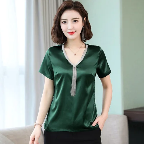 Летняя женская блузка 2019 шелковая офисная атласная рубашка корейский элегантный