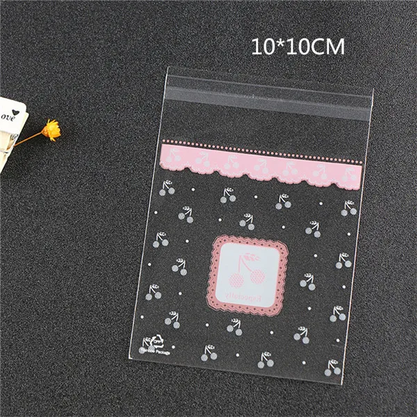 10X10CM 100 шт Милый Розовый Вишневый прозрачный мешочек для печенья, конфет, самоклеящаяся посылка, сумка для свадебной вечеринки, Подарочная сумка для печенья, закуски выпечка, мешочек - Цвет: 10X10CM