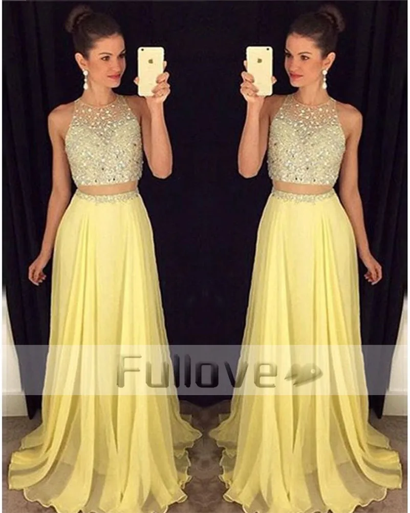 Благородное желтое платье для выпускного вечера с кристаллами 2 предмета длинное