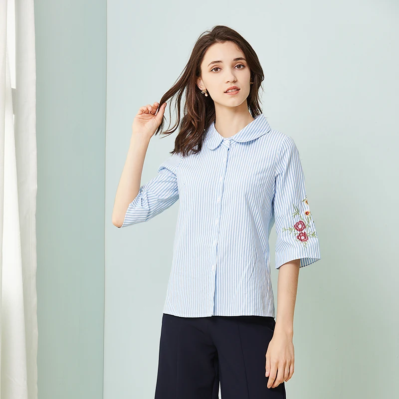 Embroidery Tops Women Fashion Peter Pan Collar Blouses Shirts Elegant Lady Office Cute Sweet Button Blue Striped Shirt 5XL 4XL |
