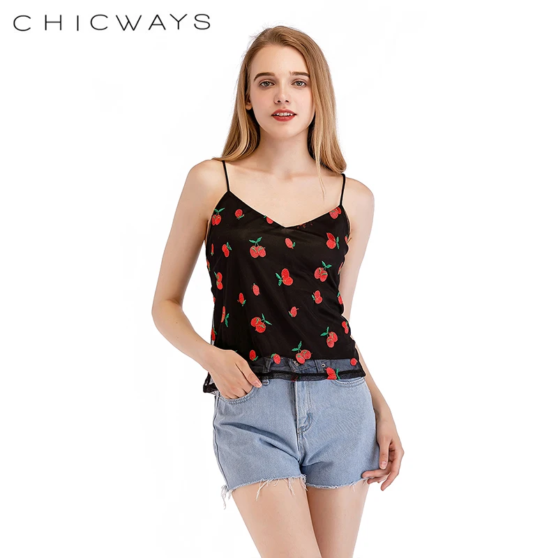 CHICWAYS Сексуальная спинки сетки майки Embroiderd цветочный вишни Спагетти ремень топы