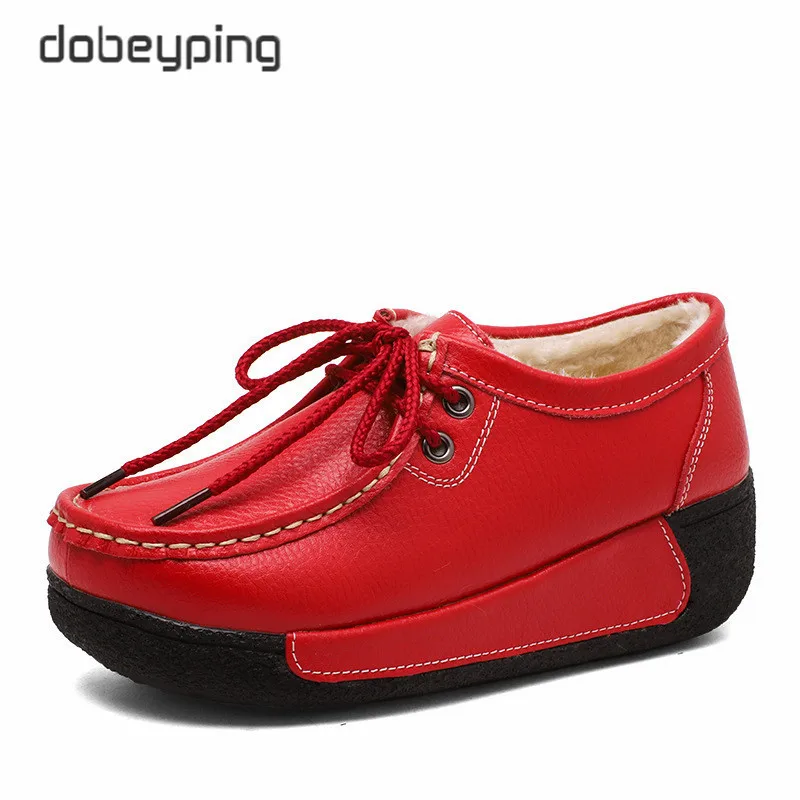 Dobeyping/Новинка; женская зимняя обувь из натуральной кожи; повседневная женская обувь на плоской платформе; плюшевые женские лоферы; женские кроссовки без застежки