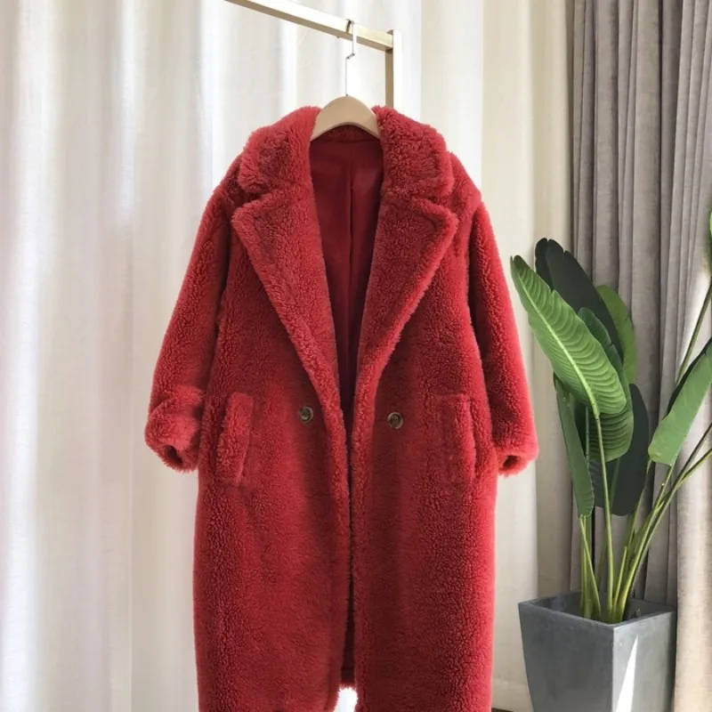 red Роскошные куртки с натуральным мехом, женские пальто из овечьей шерсти, свободные Модные Роскошные теплые толстые, зимняя верхняя одежда, парки с отворотом, Женское пальто - Цвет: red