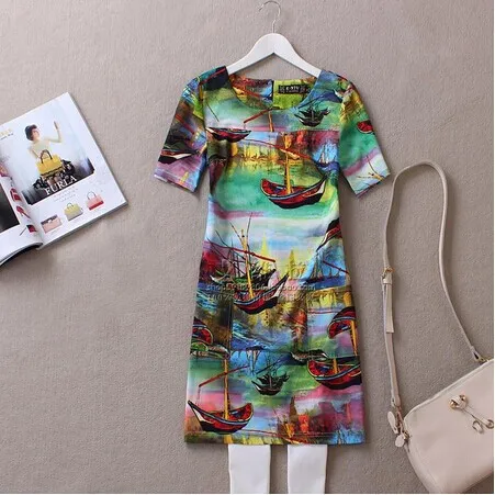 Yw3 Women Casual Dress Plus Size Bohemian Mini Butterfly Novelty FlowerGreen Blue Print Summer 2014 Vestidos | Женская одежда