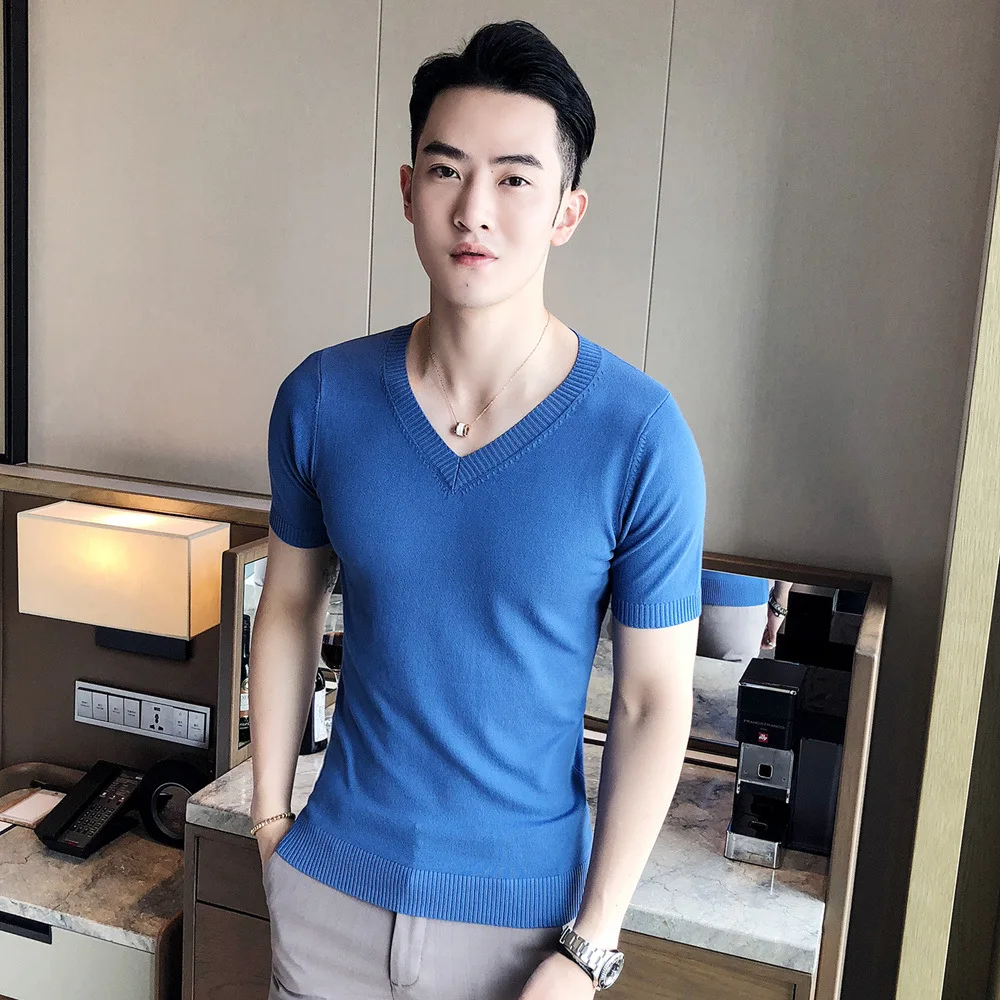 Новые ледяные шелковые модные повседневные мужские свитера 2018 Лето v-образный
