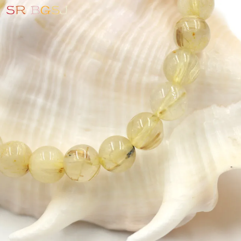 Free Shipping 6 8 10mm Round Genuine Yellow Gold Rutilated Quartz Gems Natural Stone Stretchy Women Bracelet 7&quot 7.5&quot 8&quot|women