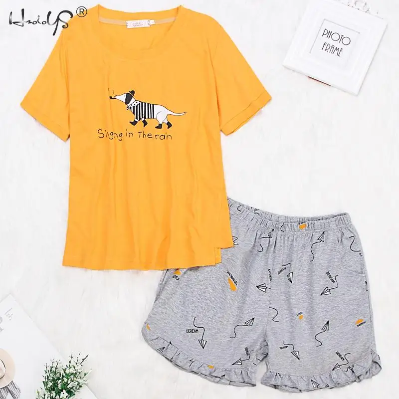 Kawaii/пижамный комплект из двух предметов; женский домашний костюм с короткими рукавами и рисунком+ шорты; пижама из хлопка; летняя домашняя пижама
