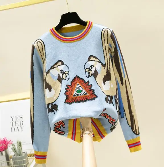 Женский свитер с длинными рукавами и вышивкой в виде попугая вязаный шерстяной