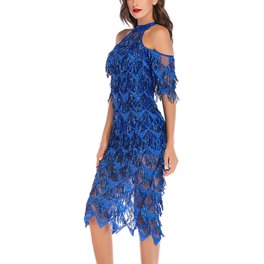 

Women Elegant Solid Maxi Dress Summer Sexy Sequined Deep V Neck Tassels Dress Clothes Women Dress Dance Strap Solid Dresses