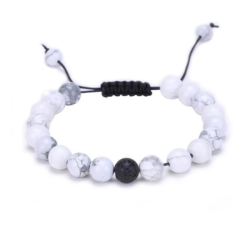 Браслет для влюбленных Круглый черный и браслет из белого бисера 8 мм плетеные
