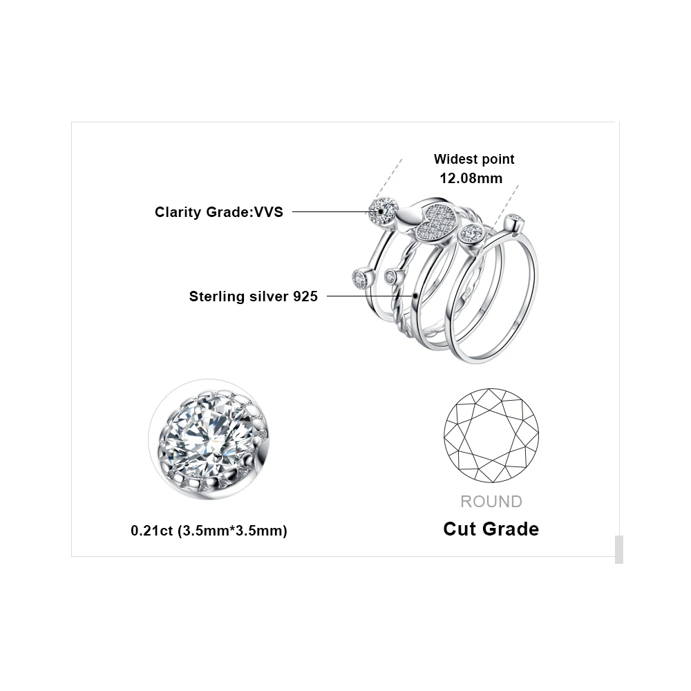JewelryPalace Heart Love Anniversary Engagement Wedding Band 4 Ring Sets Real 925 Sterling Silver Jewelry Gift for Mother's Day |