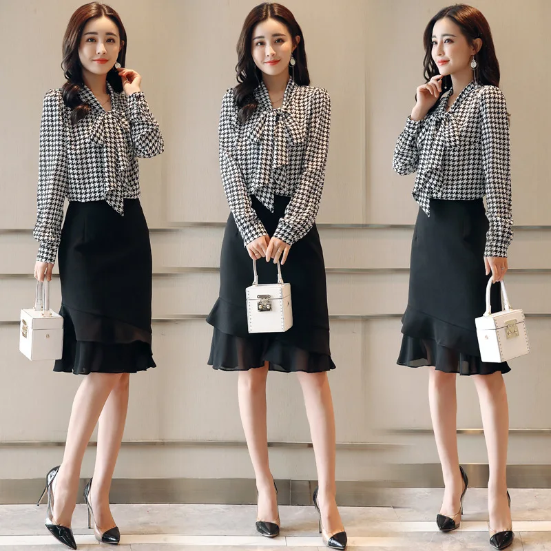 

Set female 18 spring and autumn new long-sleeved plaid shirt + chiffon bag hip skirt elegant two-piece leisure professional suit