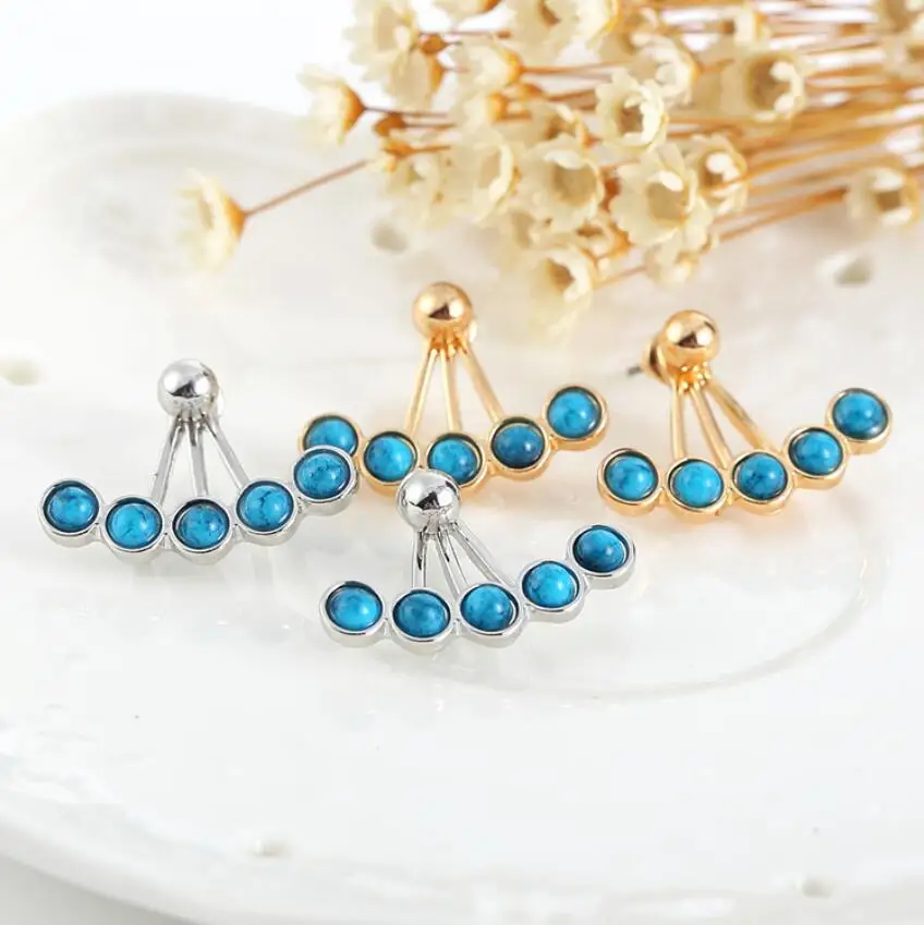 Hfarich Tibetan Blue Stone Bead Flower Heart Pearl Earring Jackets for Women Wedding Geometric Piercing Earing Jewelry Brincos |