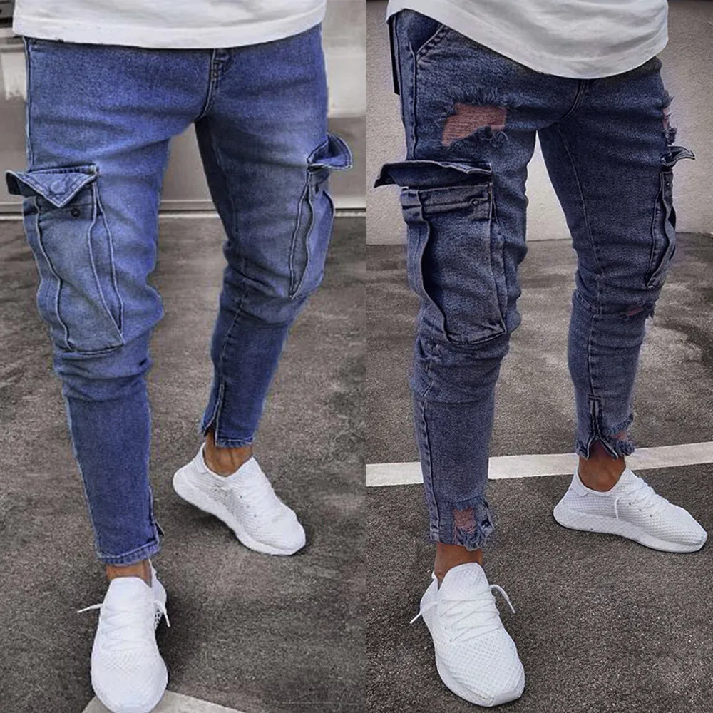 Мужские джинсовые ткани Пант Проблемные Ripped Freyed Slim Fit карман джинсы Широкие брюки