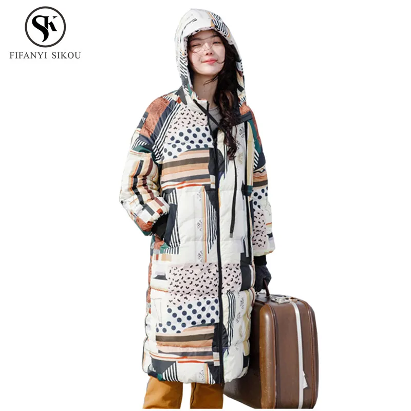 Высокое качество Зимний пуховик для женщин 2018 новая мода с принтом длинный на