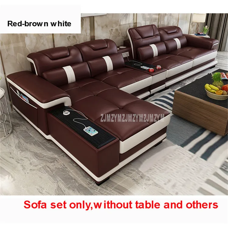 Red-brown white 1 комплект, 4 сиденья, первый слой, натуральная кожа, диван для гостиной, угловой диван, набор с Bluetooth динамиком, современная мебель для дома - Цвет: Red-brown white
