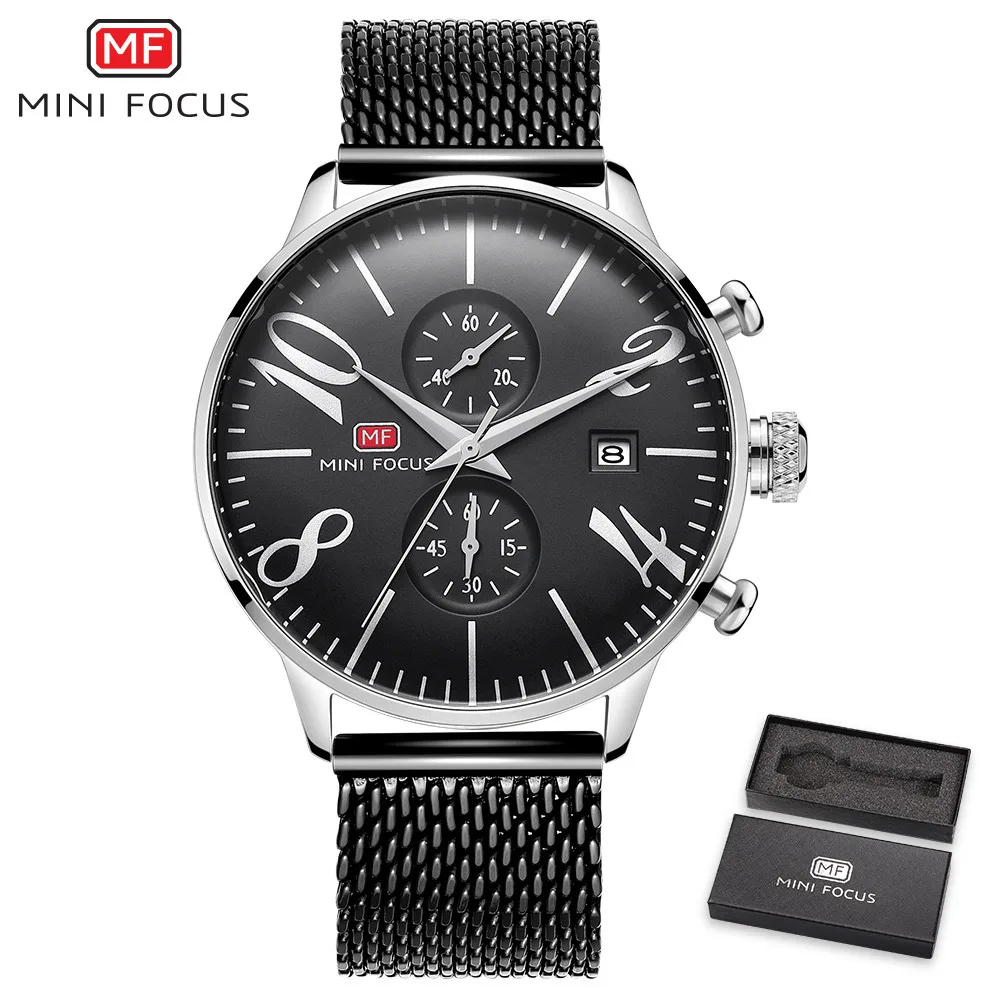Silver black Модные спортивные мужские часы с мини-фокусом, водонепроницаемые черные мужские часы из нержавеющей стали, аналоговые кварцевые наручные часы, мужские часы - Цвет: Silver black