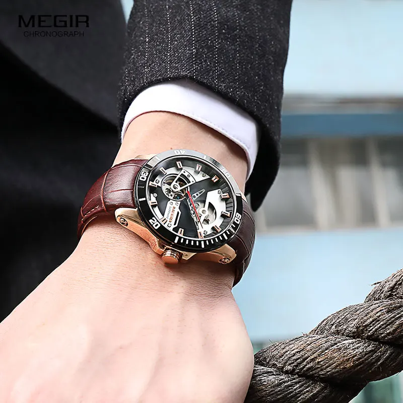 MEGIR мужские кожаные спортивные механические часы лучший бренд класса люкс