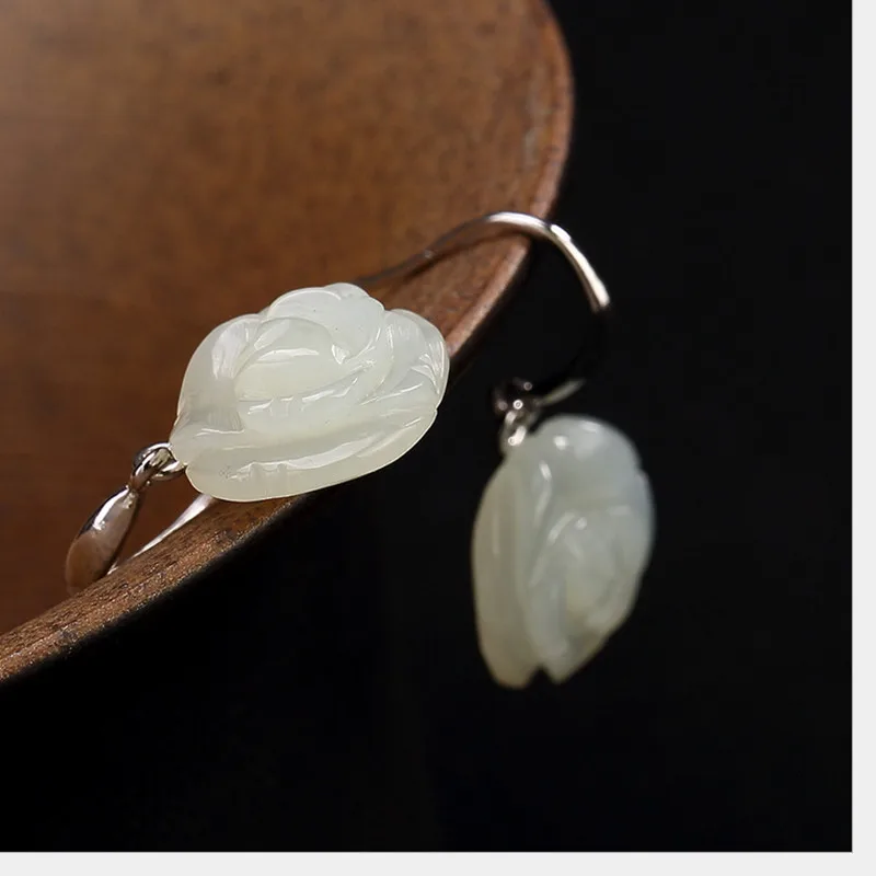 

Uglyless Real 925 Sterling Silver Natural Jade White Flower Drop Earrings Vintage Bijoux Elegant Women Statement Brincos Jewelry