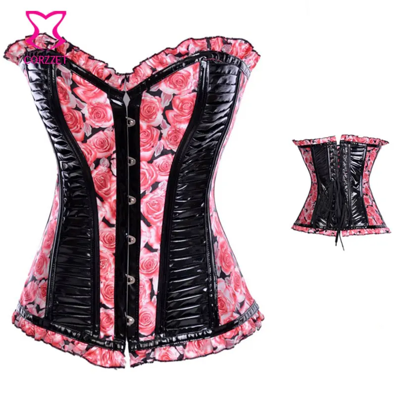 Rose Pattern Black PVC Leather Steel Boned Overbust Corset Sexy Corsets And Bustiers Steampunk Korset For Women Waist Trainer | Женская