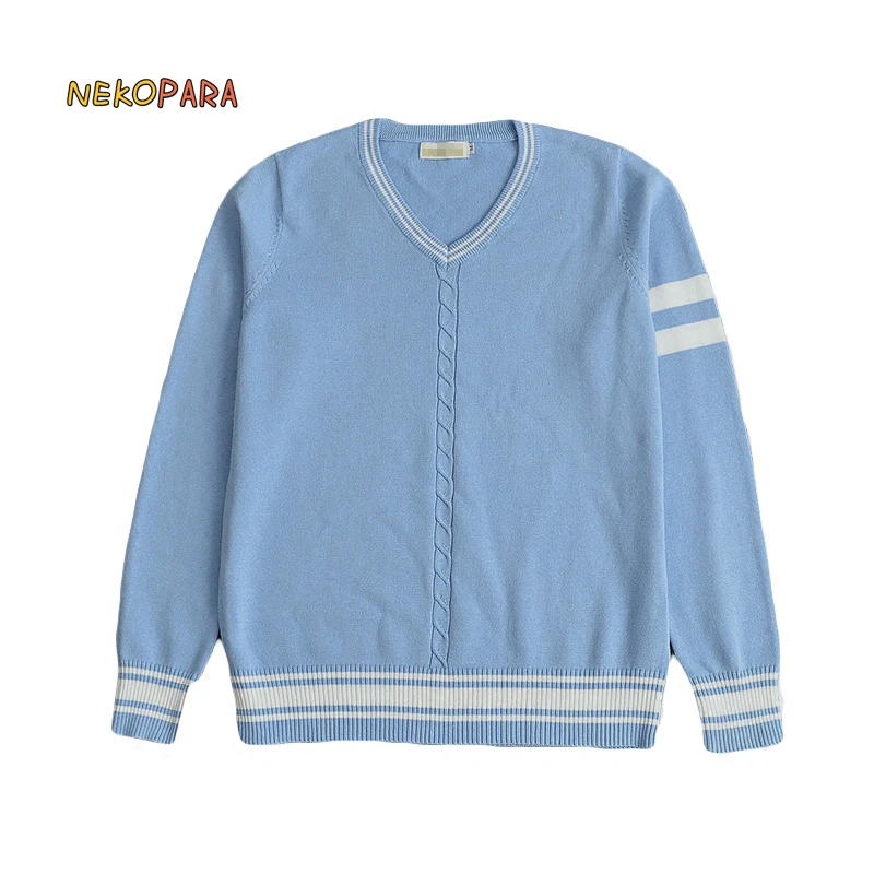 

Preppy Style Women's Unisex V-Neck Winter Sweater Blue & White Lines Japanese School JK Uniform Long Sleeve Sweater