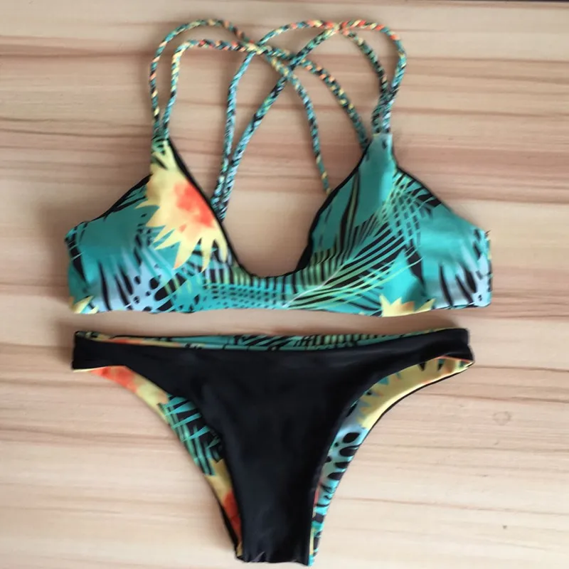 Женское двустороннее черный/с рисунком подсолнуха Трикотажные стринг с повязкой