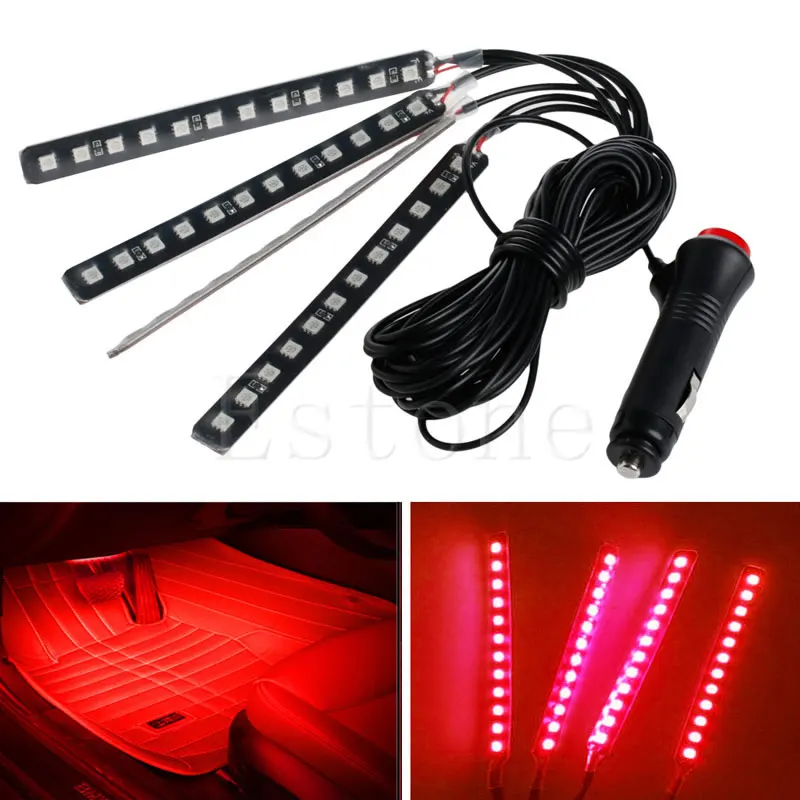 Красный 4x12LED автомобильный интерьерный светильник, атмосферный декоративный светильник, неоновая лампа, полосы, Новинка