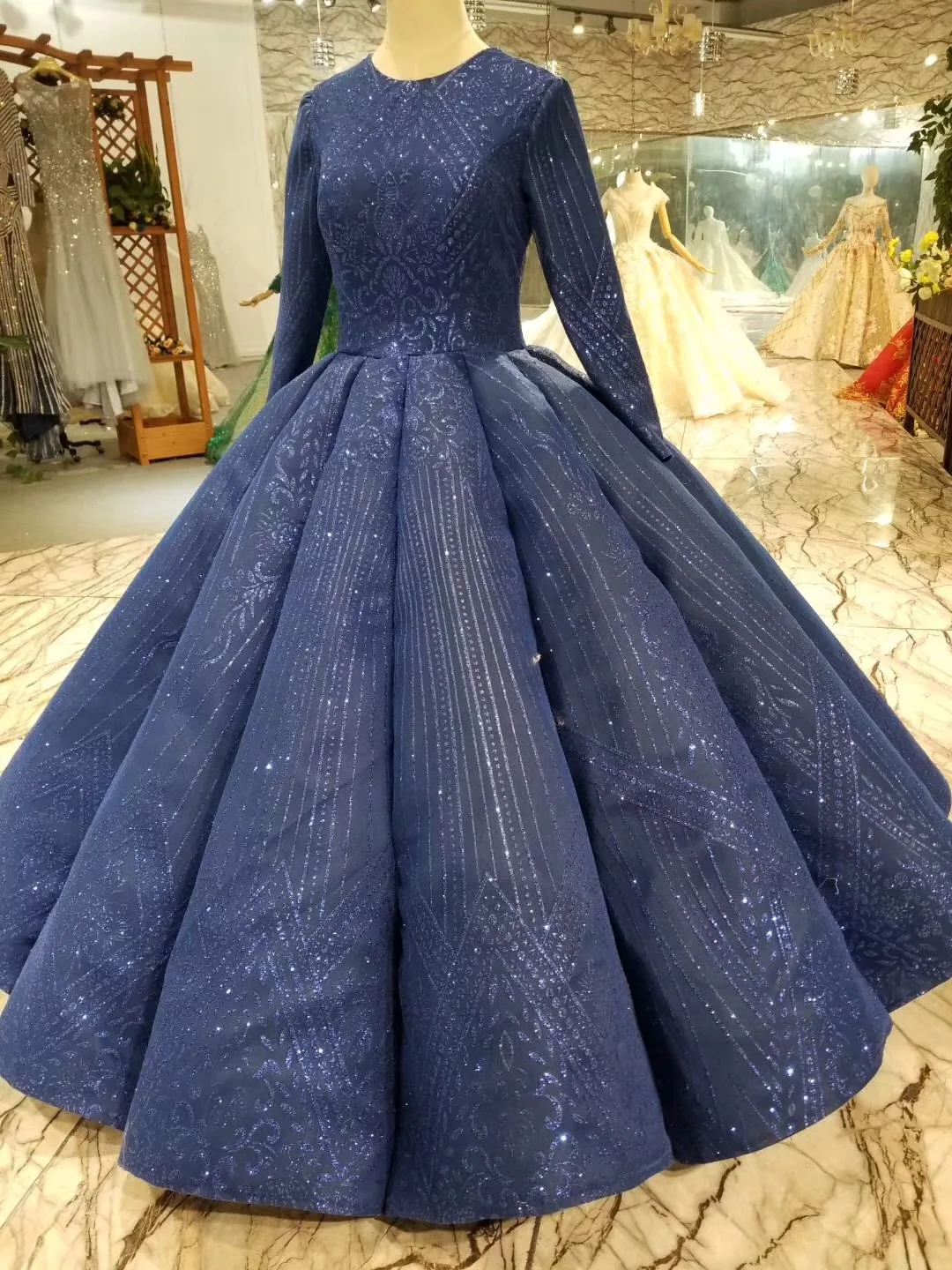 Custom Made Sexy Glitter Navy Prom Dresses Elegant Ball Gown Lace Up Back Long Sleeve Muslim Waves Prom Dress For Evening Party