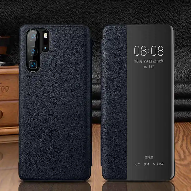 Чехол из натуральной кожи для huawei P30 Pro, умный чехол, Etui, чехол с окошком для просмотра, для huawei P30 P30Pro, чехол, Fundas Capa - Цвет: dark blue