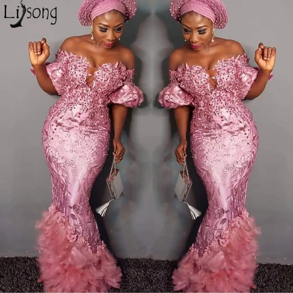 

Luxury Special Pink Aso Ebi Lace Prom Dresses 2019 Gonna Feather Pearls Mermaid Prom Gowns Short Puffy Sleeves African Gowns