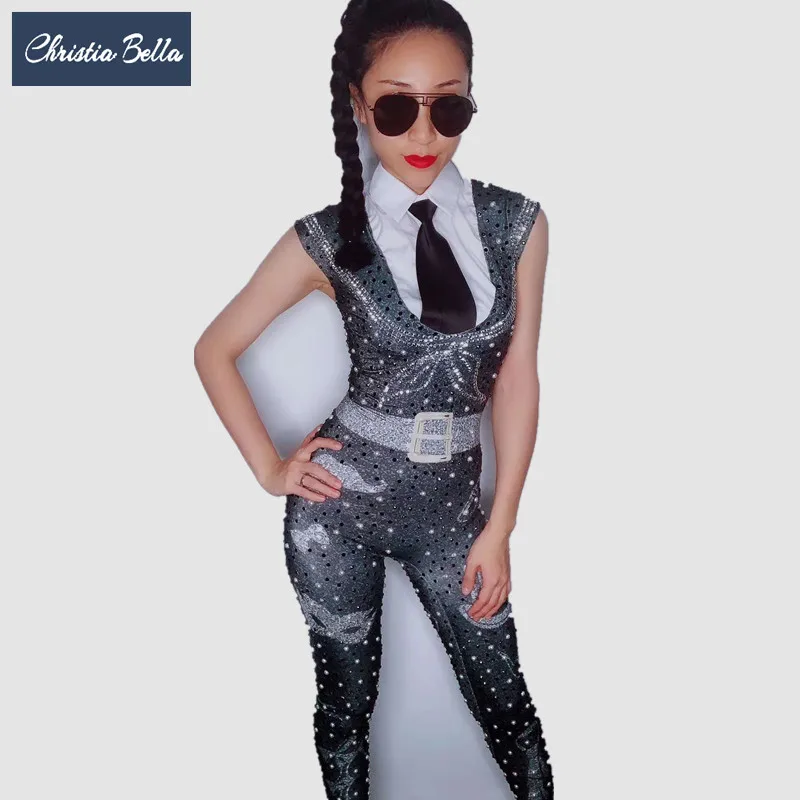 Sexy Print Stretch Skinny Jumpsuits Singer Dancer Rhinestones Rompers Women Nightclub DJ DS Stage Costumes Party Show Leotard