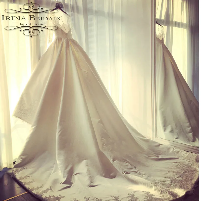 Vestido de noiva манга длинный рукав кружева аппликация v-образным вырезом атласное