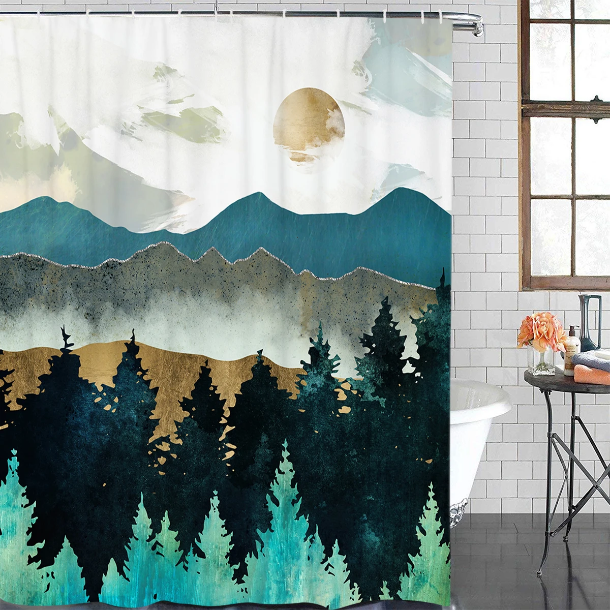 BIGHOUSES Shower Curtain Forest Mist Fabric Shower Curtain with 12 Hooks