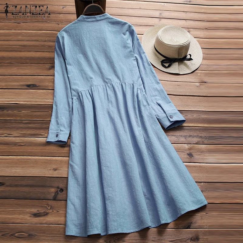 

ZANZEA Lady Short Dress Women Button Down Cotton Linen Vestido Elegant Women Stand Collar Dress Beach Party Sundress Plus Size