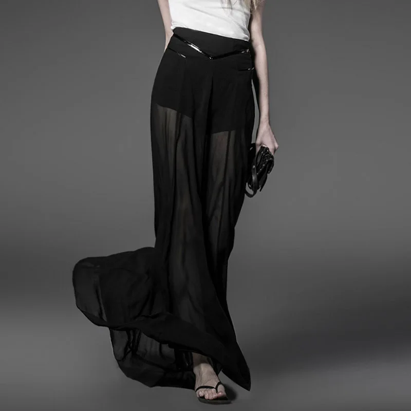 Punk Fashion Chiffon Divided Skirts for Women Black Sexy Hollow Out Casual Long Skirt Summer Hot Selling